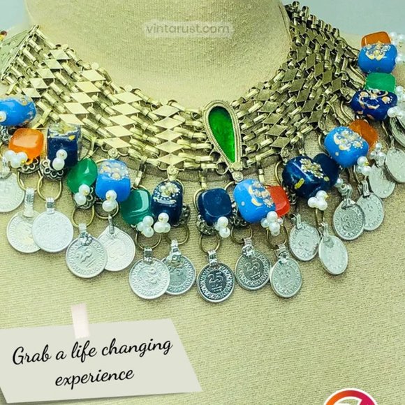 Statement Coins Choker Necklace With Multicolor Glass Stones and Beads, Collar - Picture 8 of 9